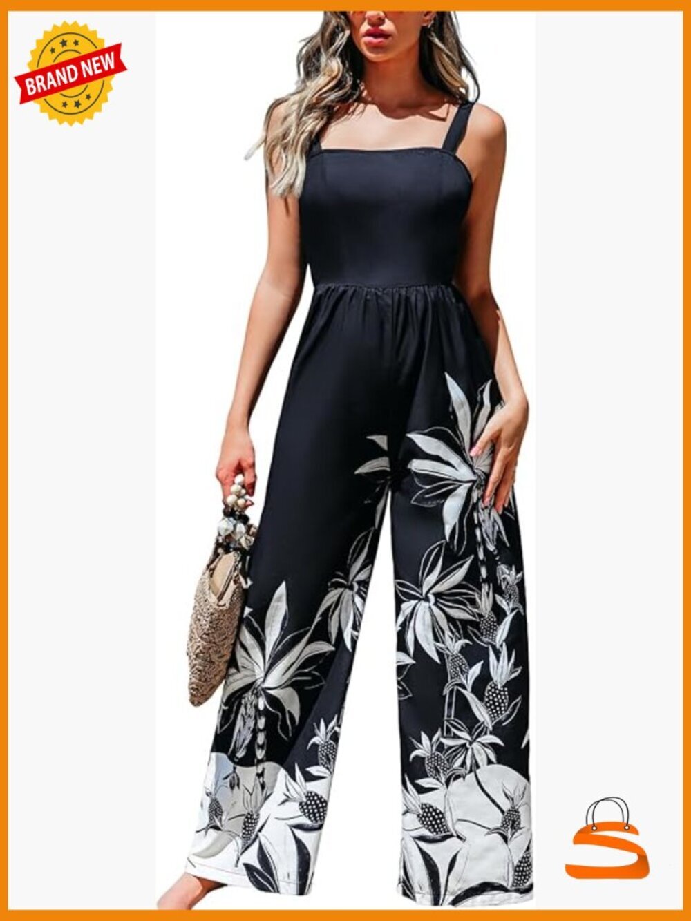 Tropical Jumpsuit Square Neck Tie Back Wide Leg Sleeveless Romper Loose